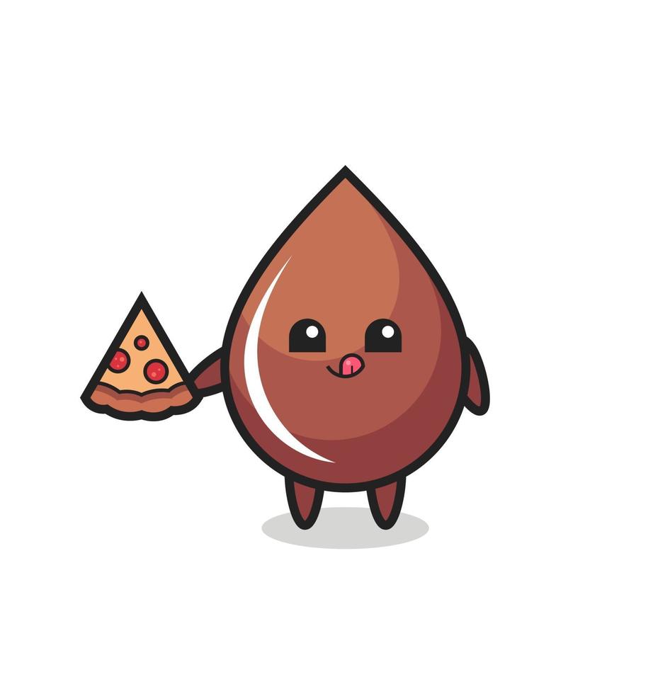 dessin animé mignon de goutte de chocolat mangeant de la pizza vecteur