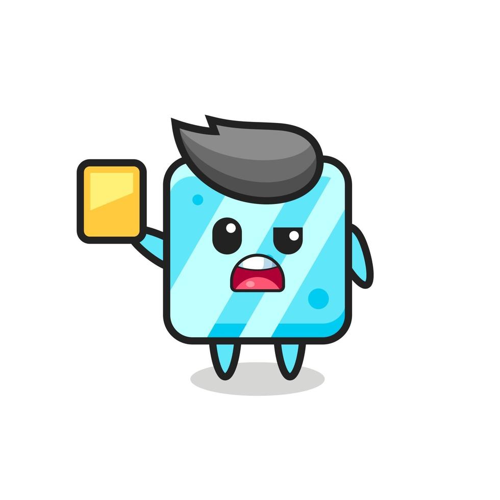 personnage de cube de glace en tant qu'arbitre de football donnant un carton jaune vecteur