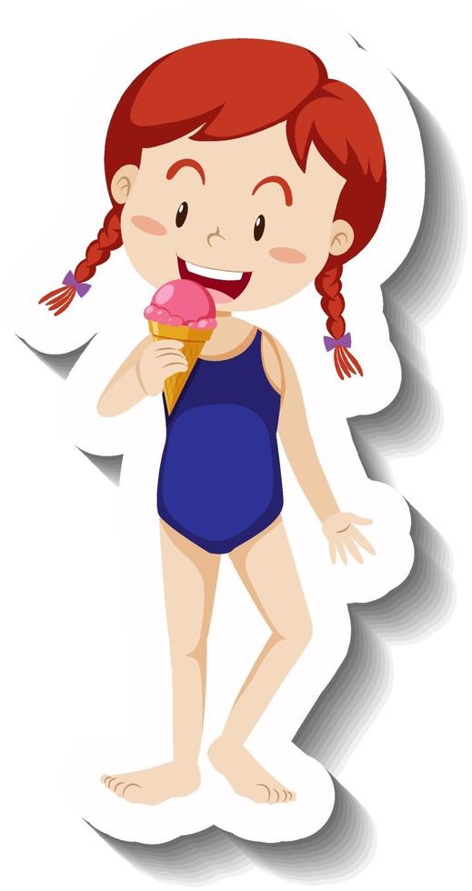 une fille mangeant un autocollant de dessin animé de cornet de crème glacée à la fraise vecteur