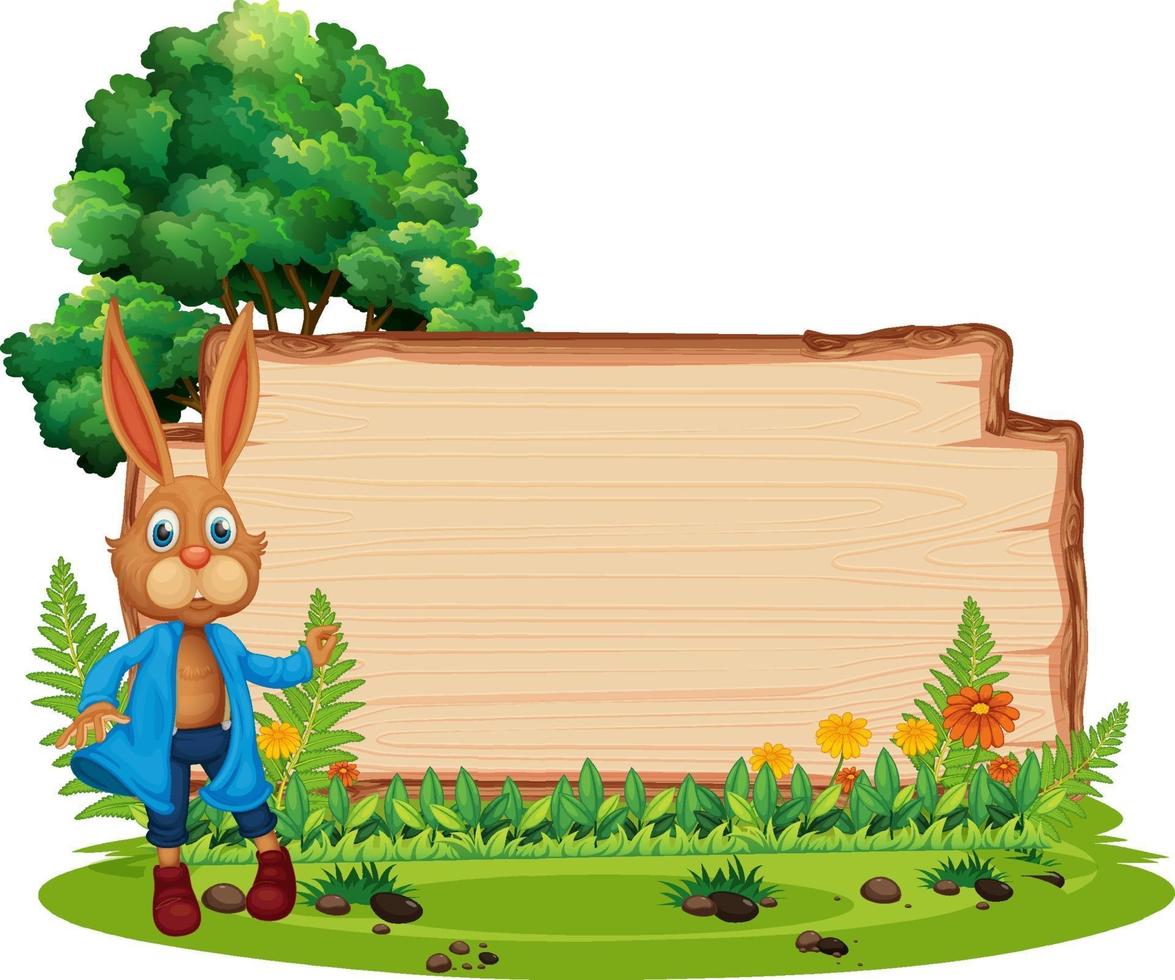 planche de bois vide avec un lapin dans le jardin isolé vecteur
