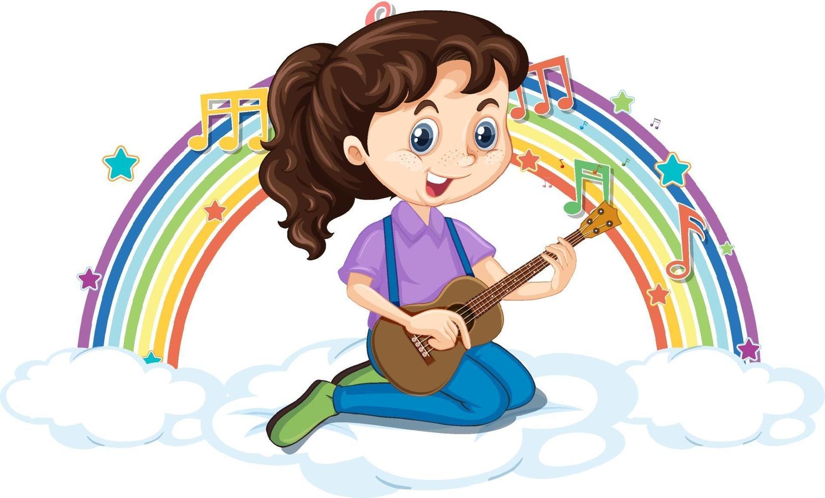 fille jouant de la guitare sur le nuage avec arc-en-ciel vecteur