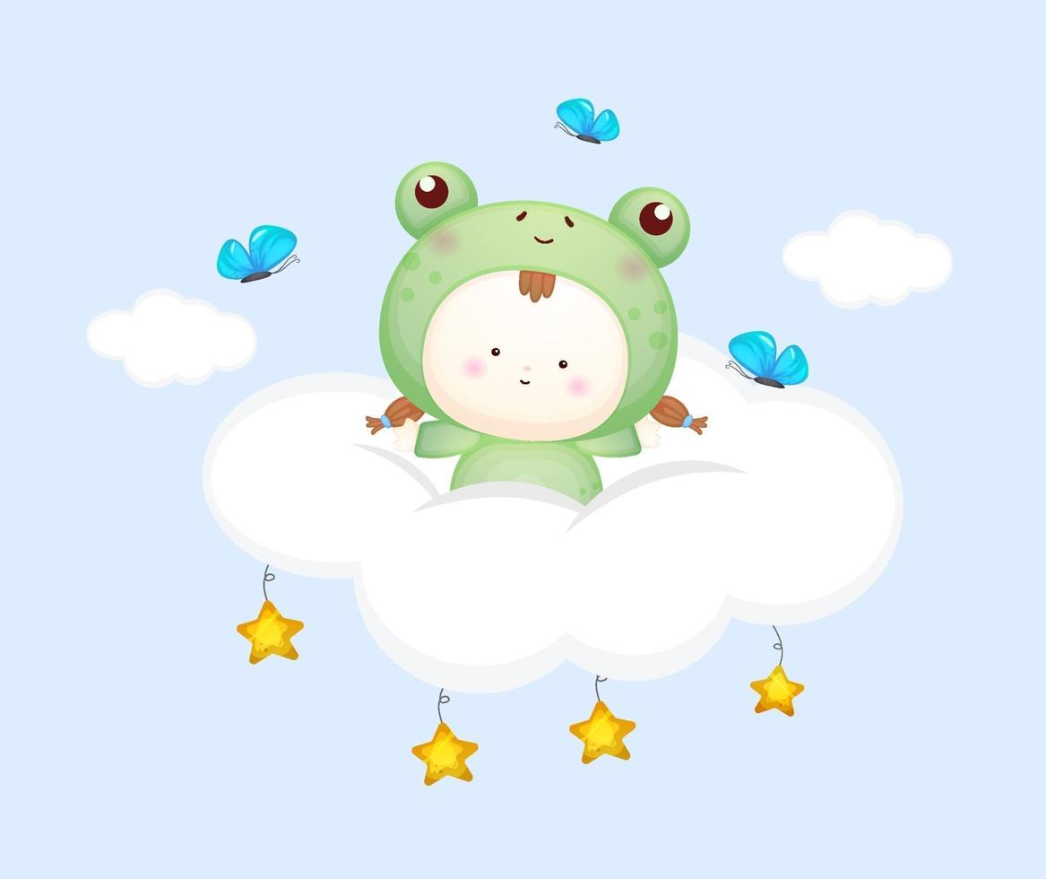 bébé mignon en costume de grenouille sur le nuage. vecteur