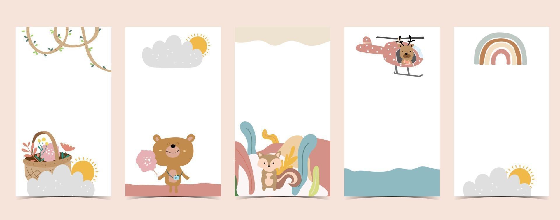 fond mignon pour social media.set d'histoire avec arc-en-ciel, ours, arbre vecteur