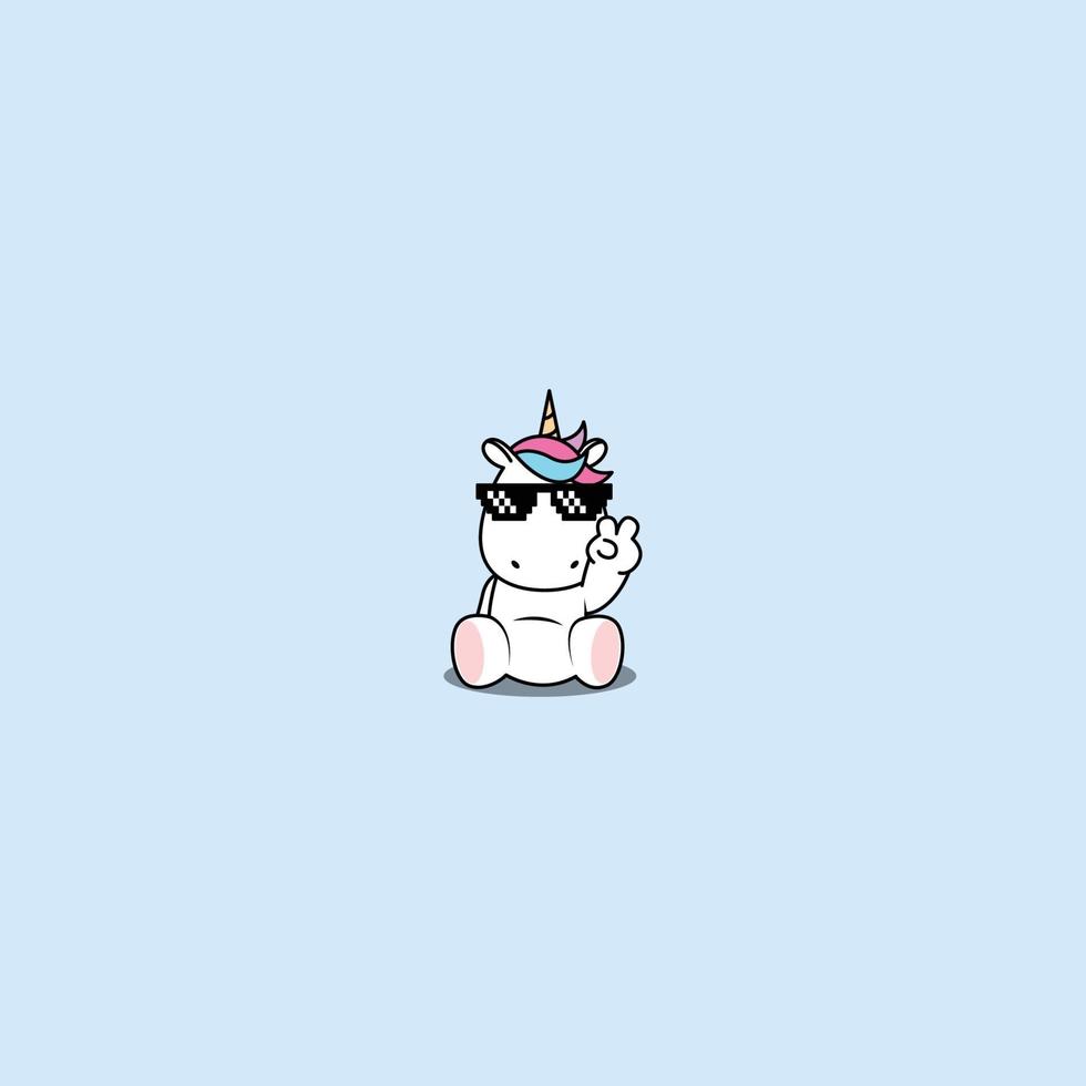 Licorne mignonne avec des lunettes de pixel assise et faisant le signe de la victoire vecteur