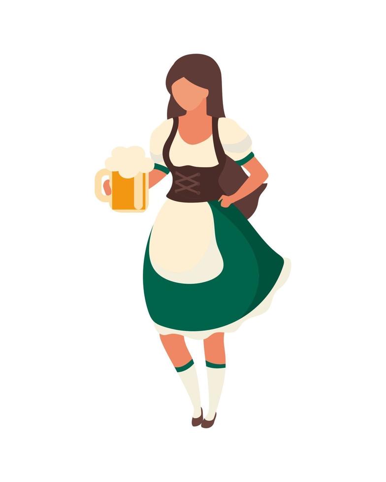 barmaid brune avec caractère vectoriel de couleur semi-plat verre à bière