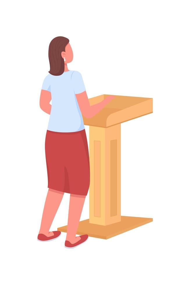 haut-parleur féminin derrière le personnage de vecteur de couleur semi-plat podium