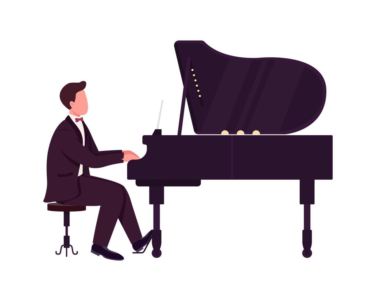 Jeune homme jouant du piano à queue caractère vecteur de couleur semi plat