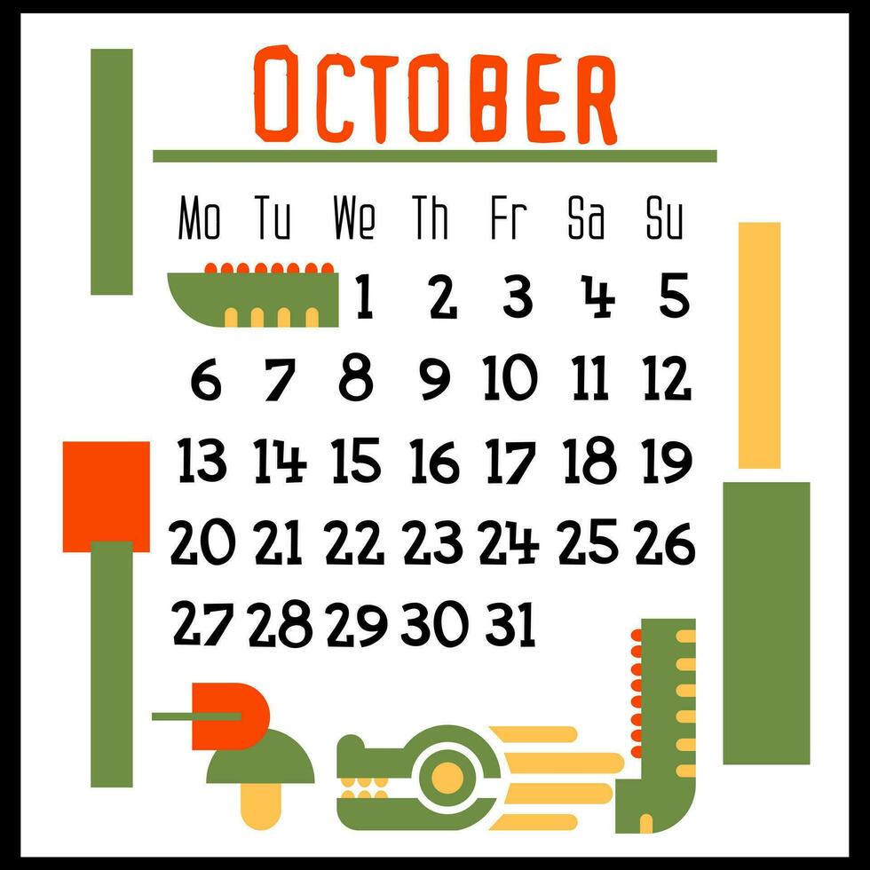 une carré calendrier page pour octobre 2024 avec une vert géométrique dragon. isolé sur une blanc Contexte. le symbole de le année de le dragon. dragon avec l'automne champignon. vecteur illustration. Couleur
