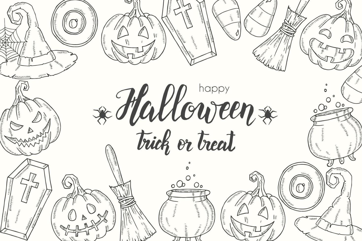 affiche d'halloween avec citrouille dessinée à la main, balai, chapeau, bonbons vecteur
