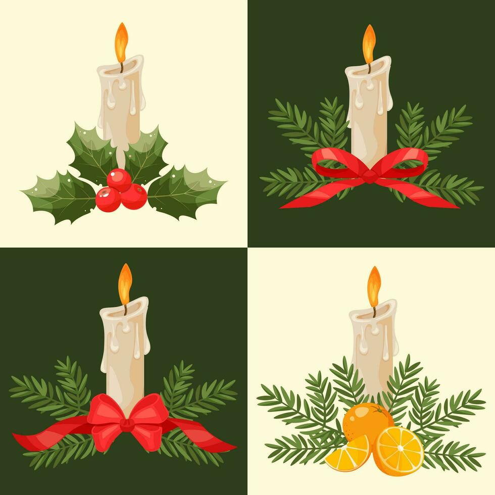 Noël carte qui consiste de une ensemble de différent conceptions. bougie décoré avec sapin branches, rouge ruban, des oranges, baies et houx feuilles, flocons de neige sur une vert Contexte. Nouveau année salutation carte. vecteur