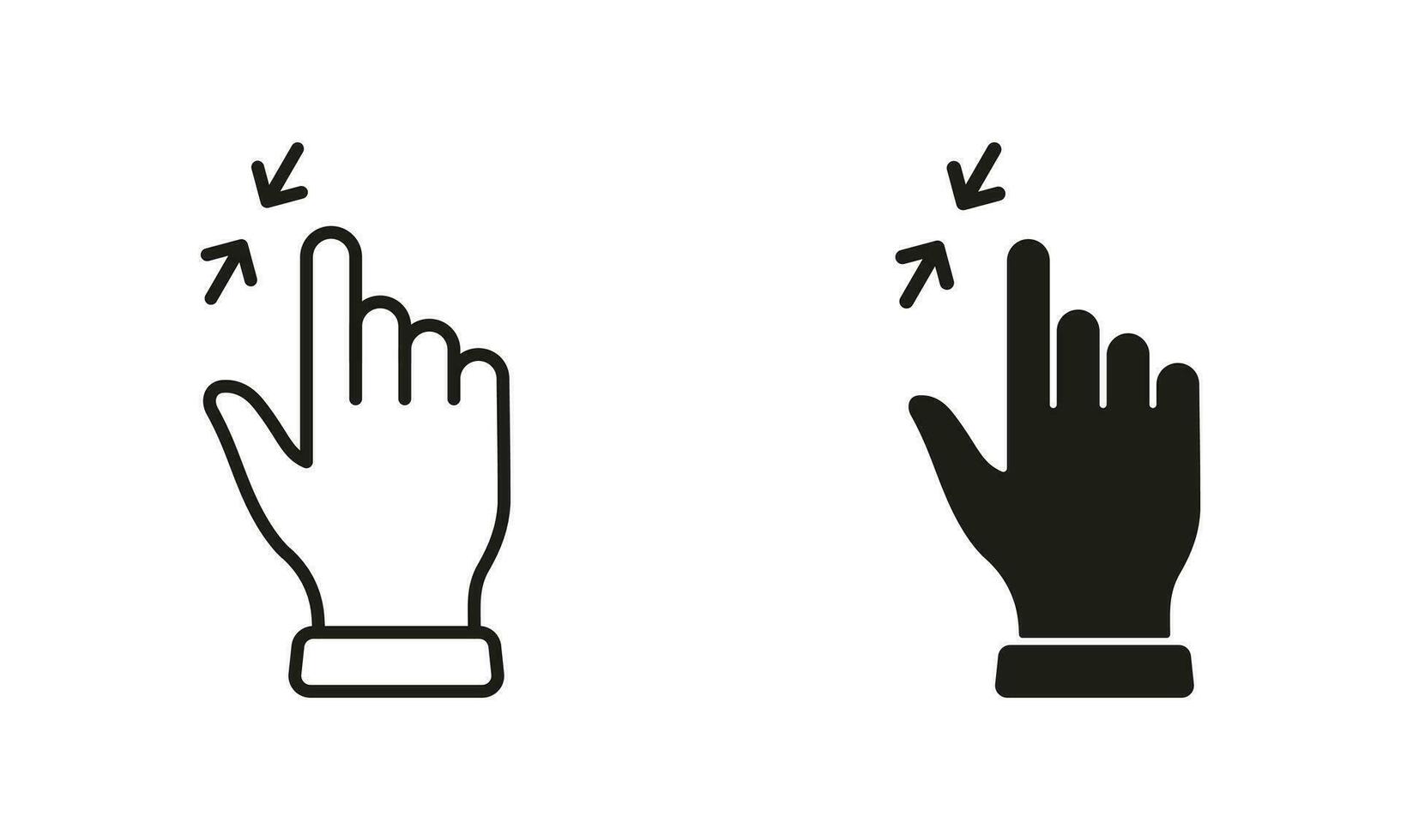 Zoom geste, main doigt glisser en haut et vers le bas ligne et silhouette noir icône ensemble. réduire filtrer, tourner toucher écran pictogramme. geste faire glisser en haut et vers le bas signe collection. isolé vecteur illustration.