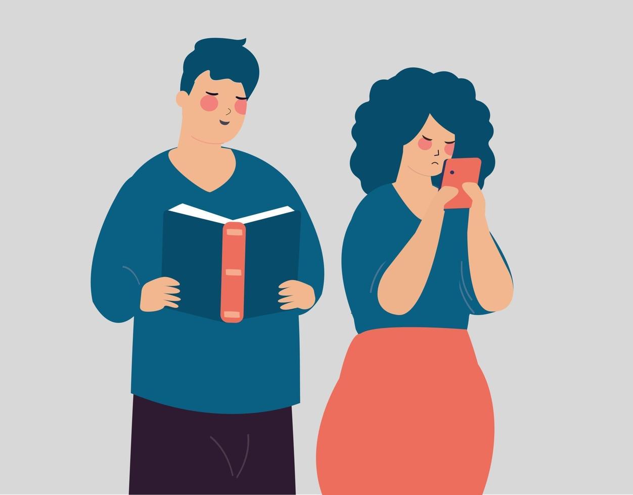 jeune couple représente le concept fomo vs jomo. homme heureux lisant un livre. vecteur