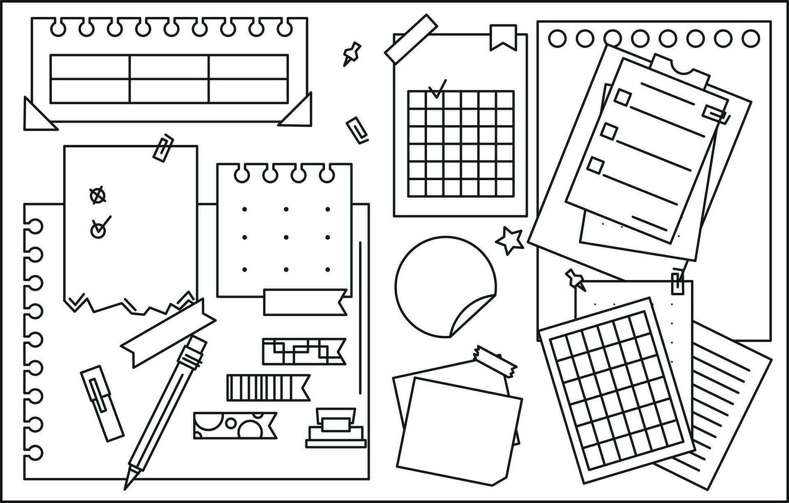 ensemble de ligne papier, gluant note, rappel, faire liste, gluant ruban et épingles. balle journal éléments dans griffonnage style. vecteur illustration sur blanc Contexte