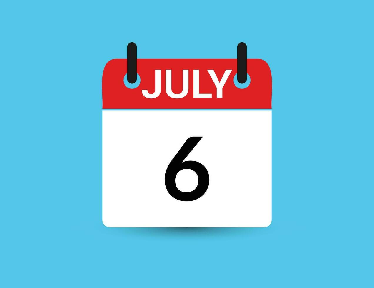 juillet 6. plat icône calendrier isolé sur bleu Contexte. Date et mois vecteur illustration