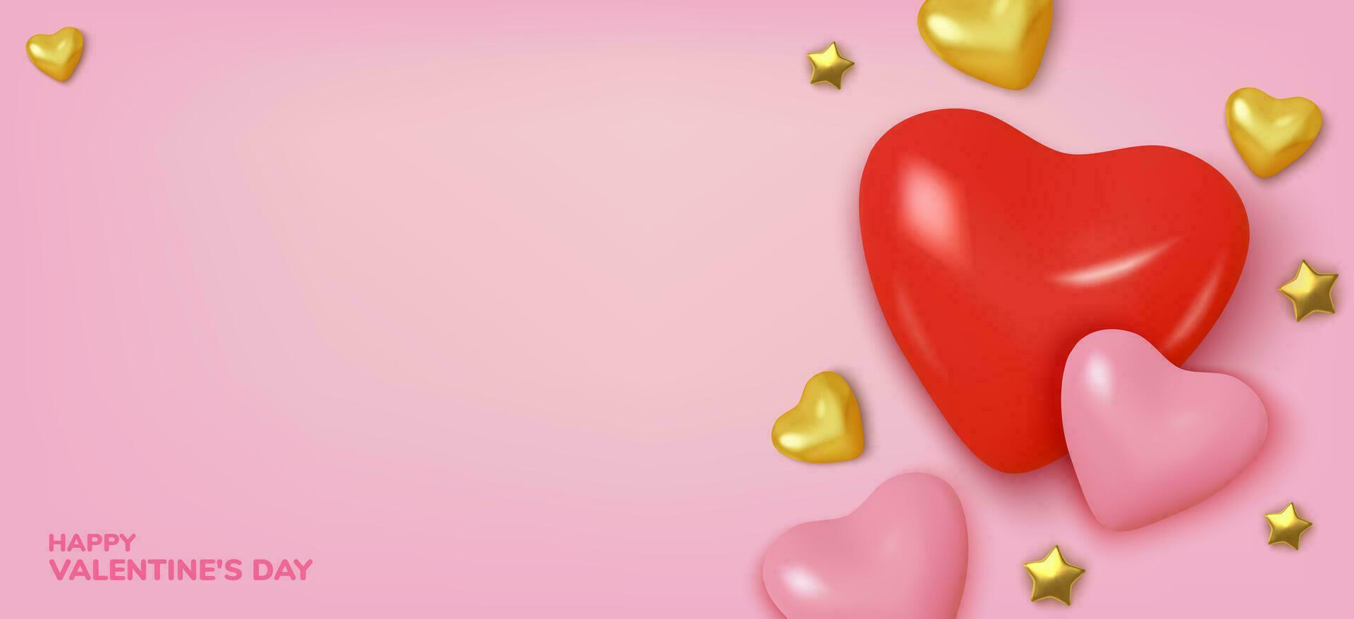 valentines journée salutation carte. réaliste 3d rouge et or cœurs. l'amour et mariage. modèle pour des produits, la toile bannières et dépliants. vecteur