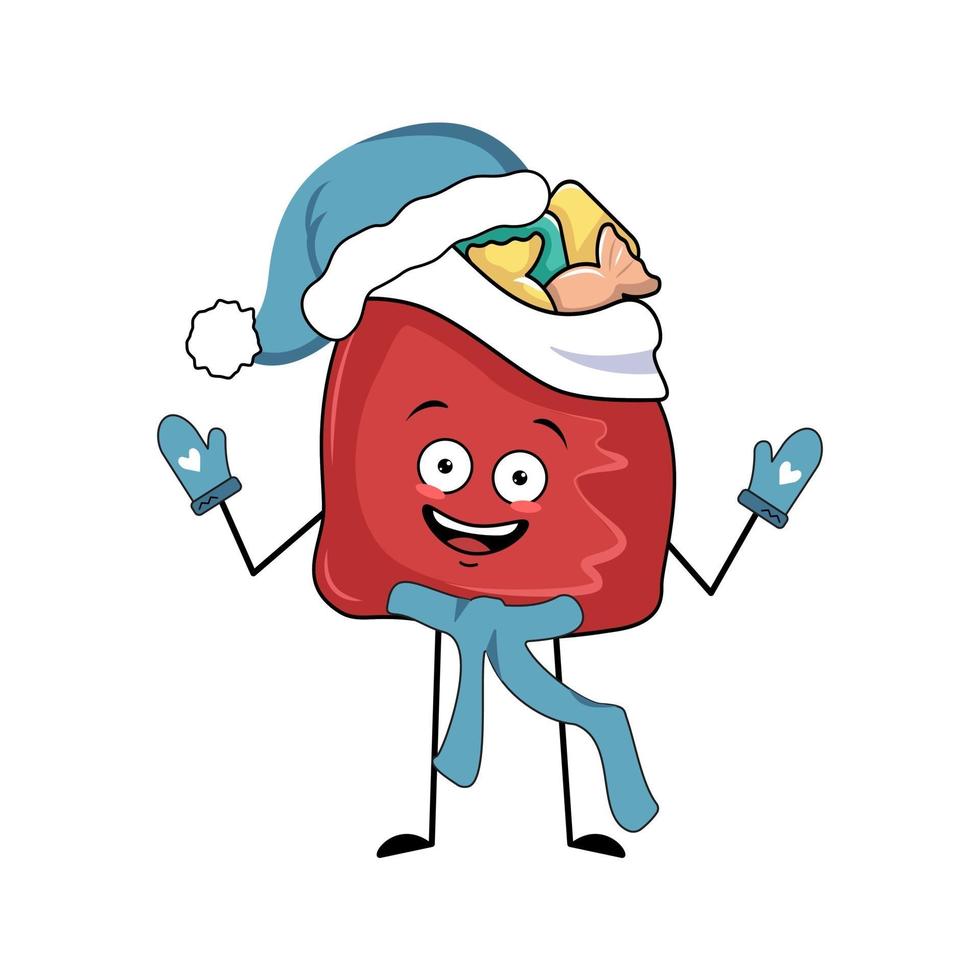 personnage de sac rouge mignon avec des cadeaux de nouvel an avec des émotions joyeuses vecteur