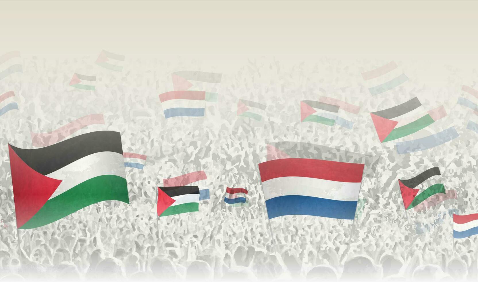 Palestine et Pays-Bas drapeaux dans une foule de applaudissement personnes. vecteur