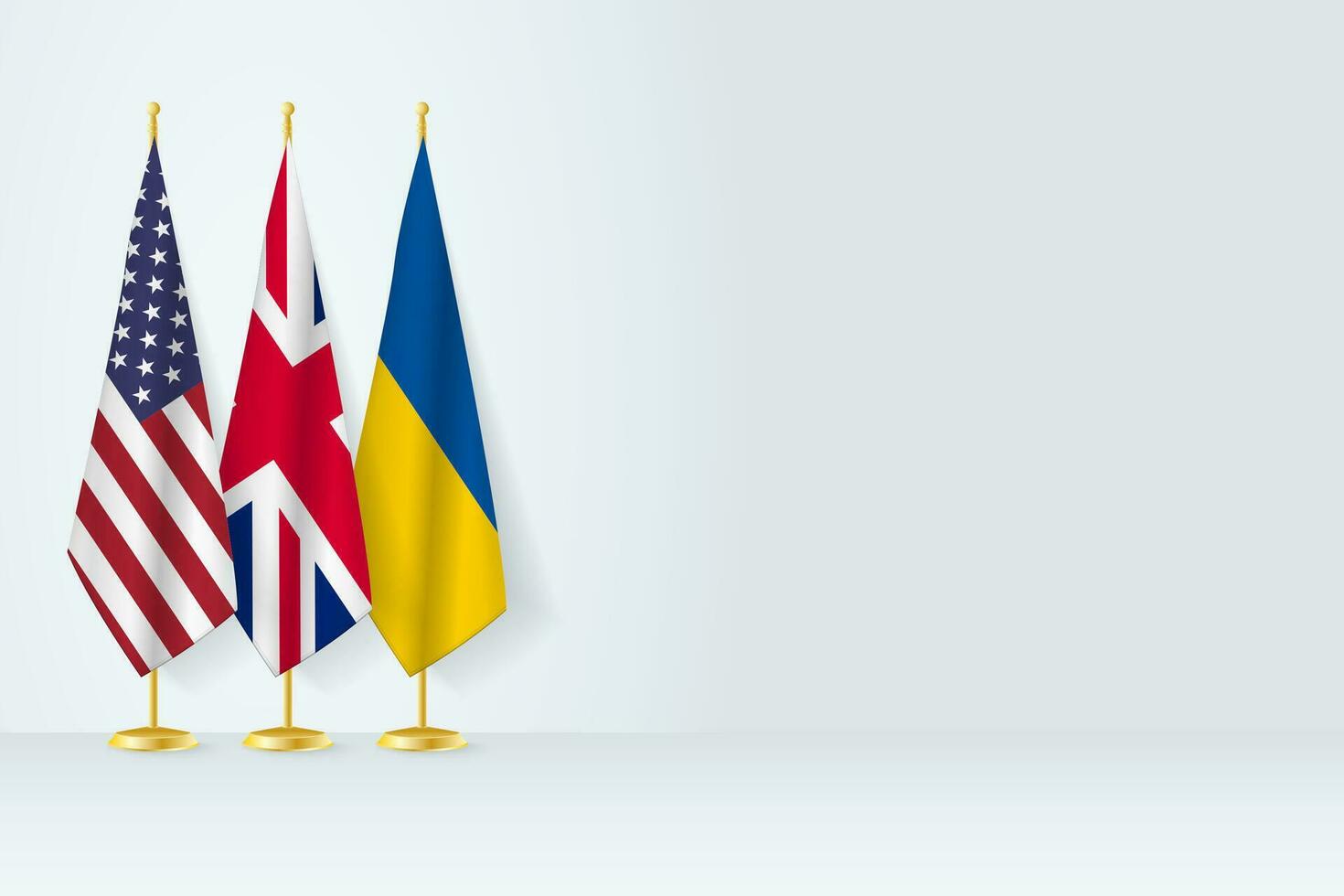 drapeaux de uni États, uni Royaume et Ukraine supporter dans rangée sur intérieur mât de drapeau. vecteur