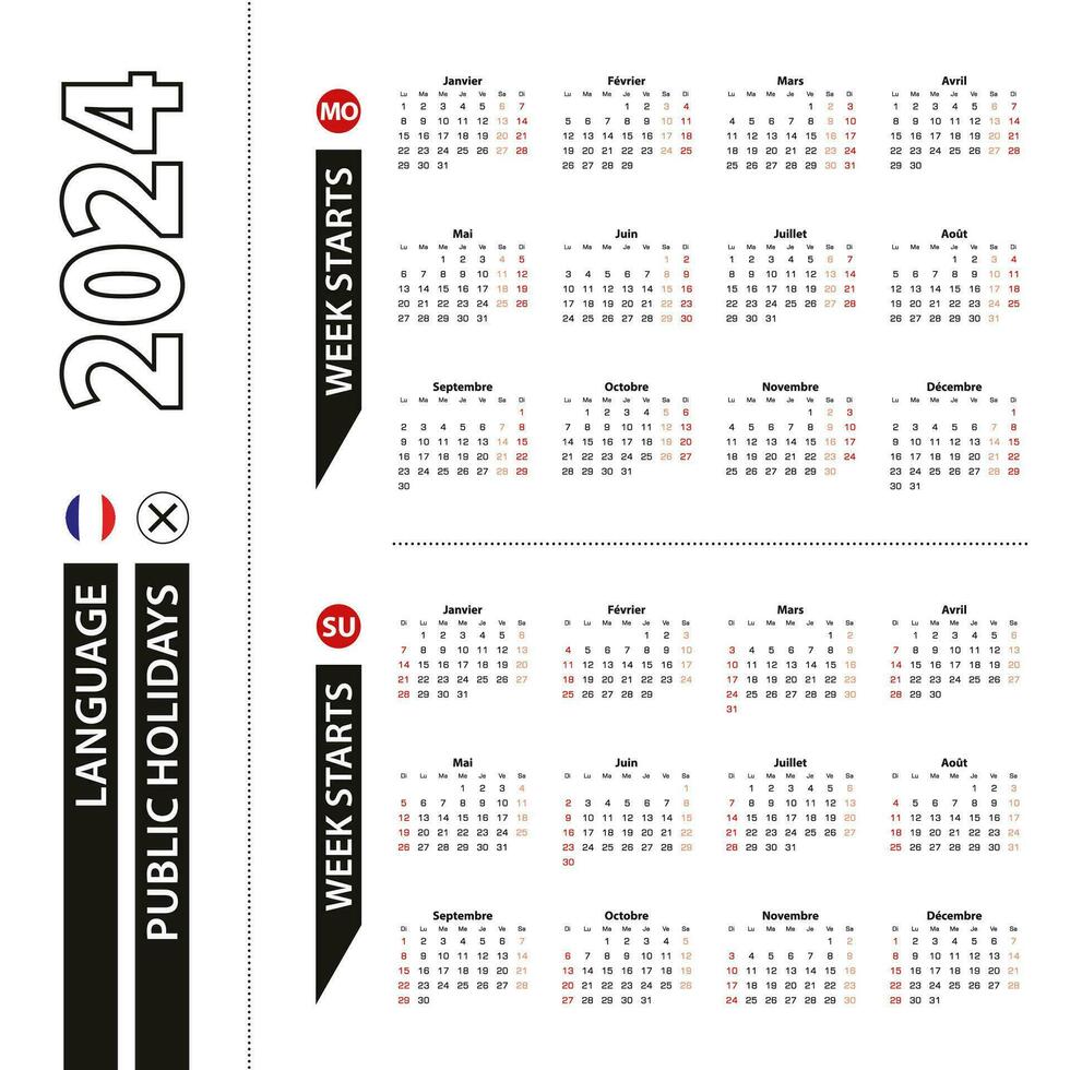 deux versions de 2024 calendrier dans Français, la semaine départs de Lundi et la semaine départs de dimanche. vecteur