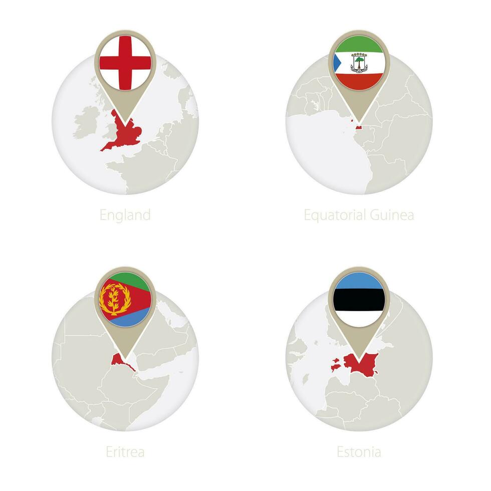 Angleterre, équatorial Guinée, Érythrée, Estonie carte et drapeau dans cercle. vecteur