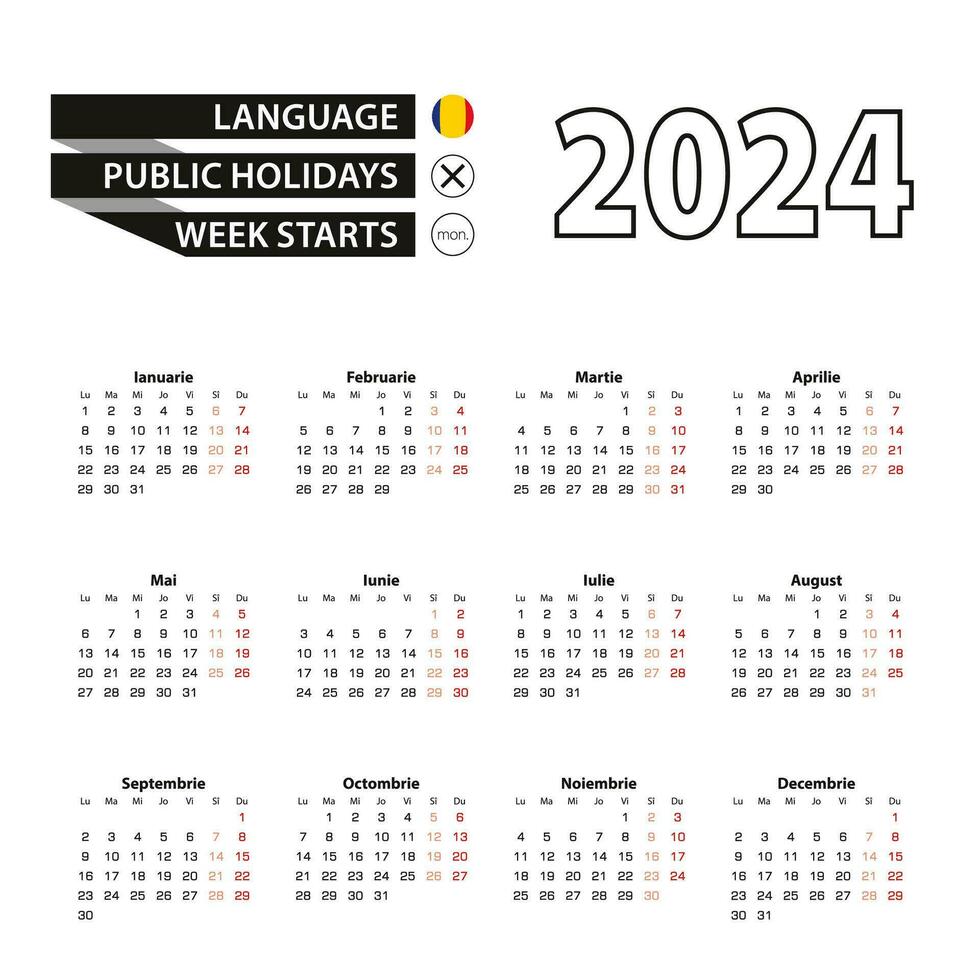 calendrier 2024 dans roumain langue, la semaine départs sur lundi. vecteur