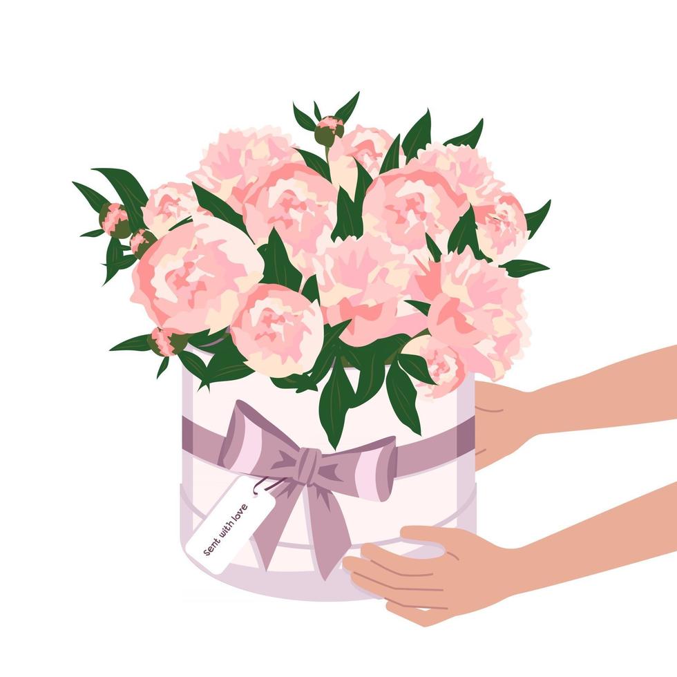 les mains tiennent des fleurs dans une boîte ronde. livraison d'un bouquet de pivoines vecteur