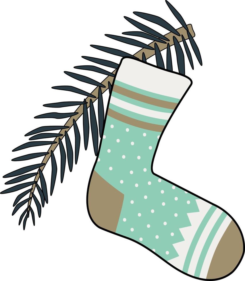 chaussette du nouvel an avec des motifs et une branche d'arbre de noël vecteur