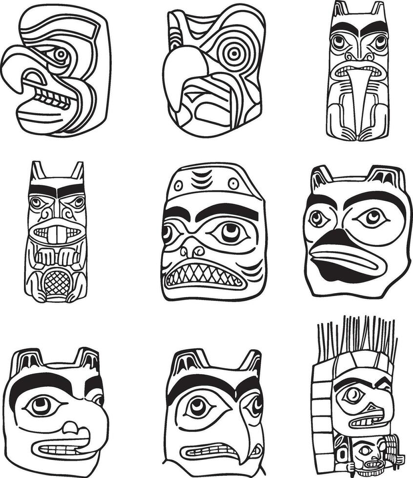 vecteur ensemble de monochrome Indien symboles. nationale ornement de originaire de les Américains, aztèques, Maya, incas. haïda masque.