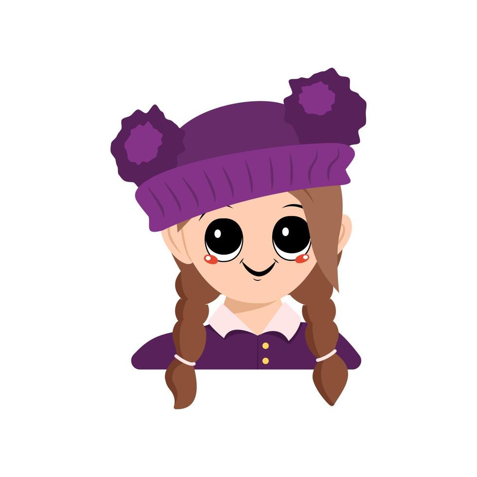 fille avec de grands yeux et un sourire heureux dans un chapeau violet avec un pompon vecteur