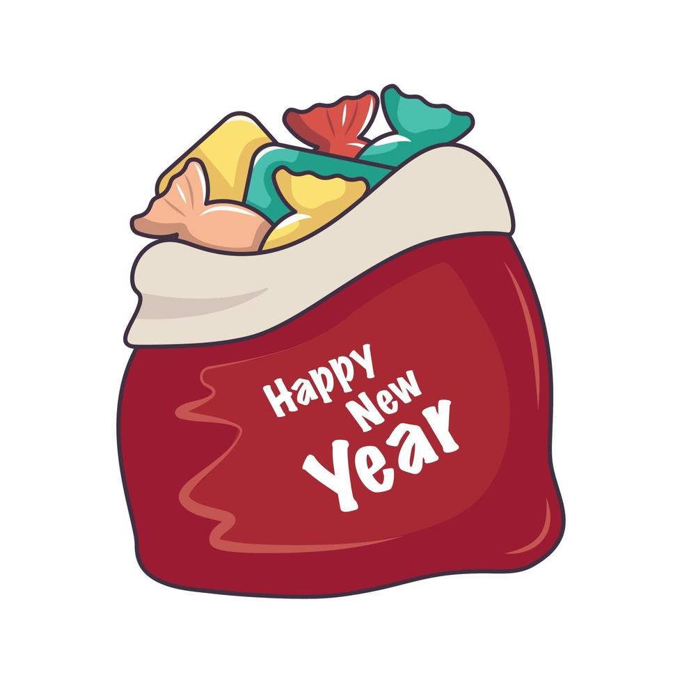 sac rouge santa avec des bonbons et des cadeaux. décoration festive pour le nouvel an vecteur