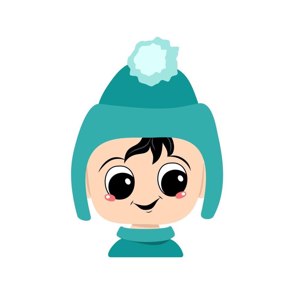 tête de bébé adorable avec des émotions heureuses dans un chapeau bleu vecteur