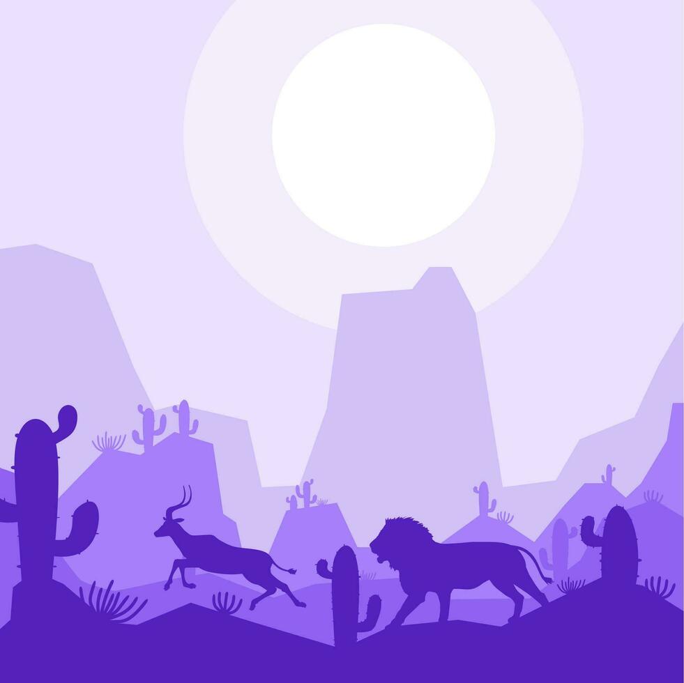 Lion chasser antilope cerf animal silhouette désert savane paysage plat conception vecteur illustration