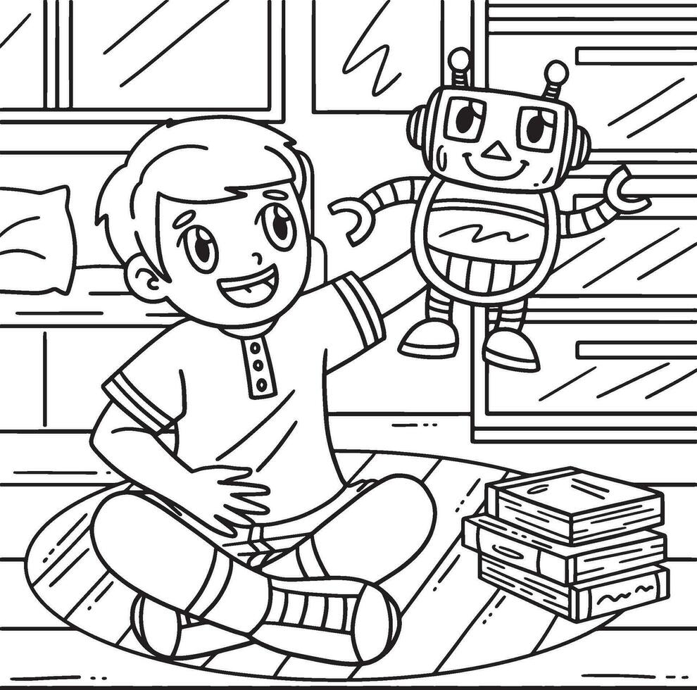 garçon en jouant robot jouet coloration page pour des gamins vecteur