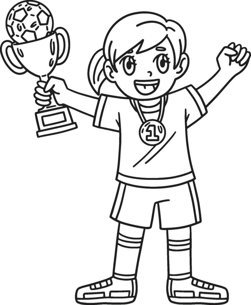 fille avec football trophée et médaille isolé vecteur