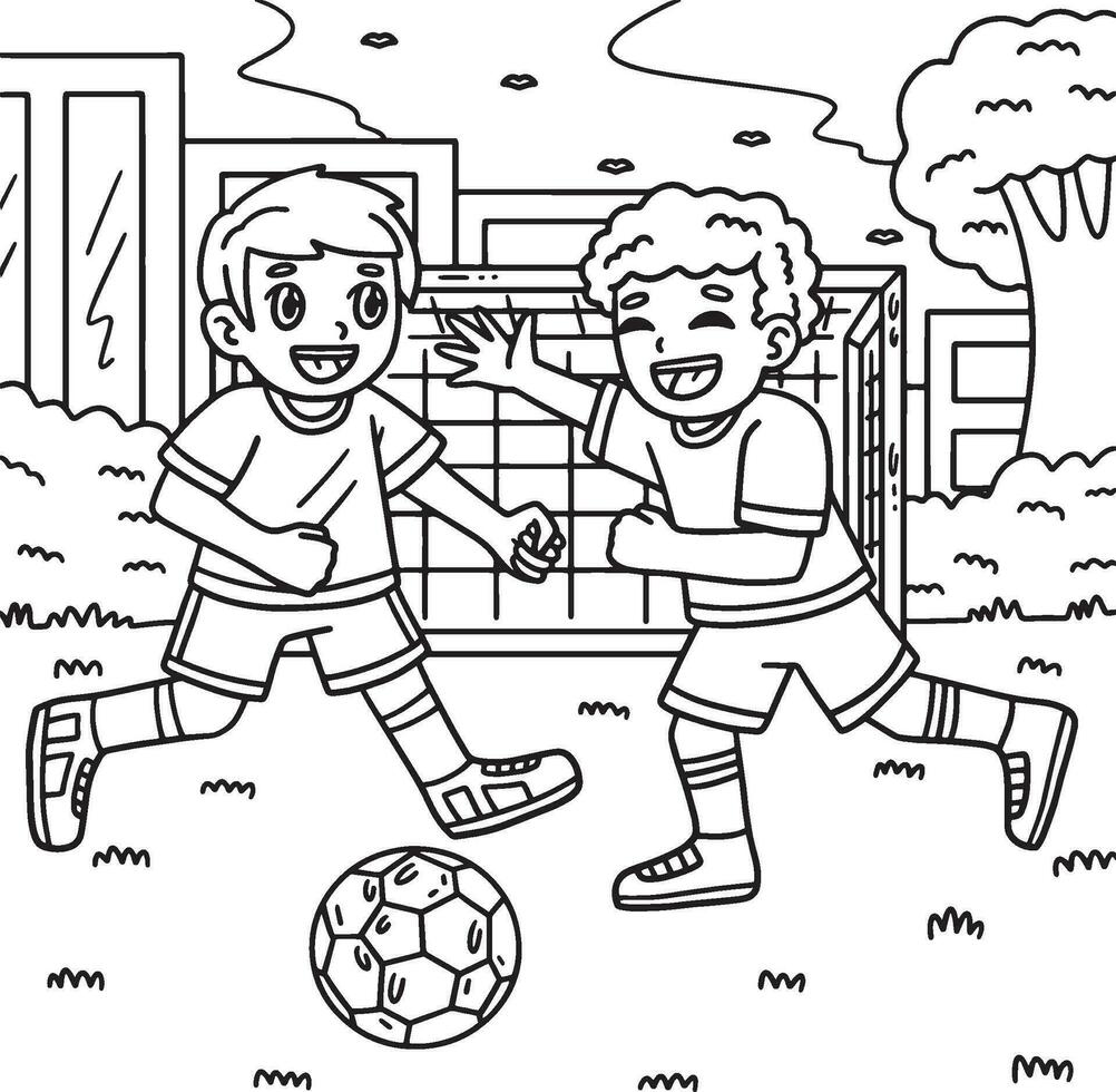 des gamins en jouant football coloration page pour des gamins vecteur