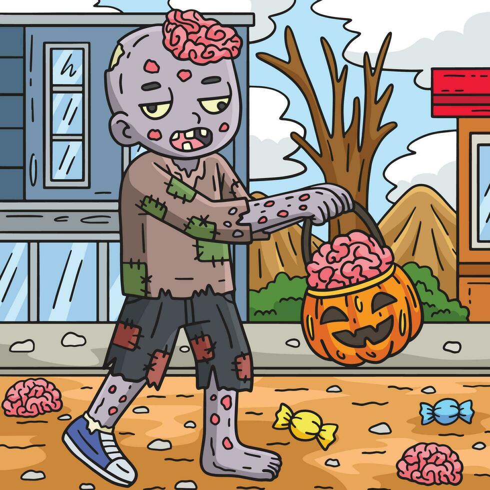 zombi avec Halloween panier coloré dessin animé vecteur