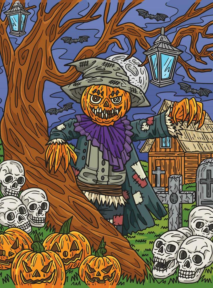 Halloween épouvantail permanent arbre coloré dessin animé vecteur