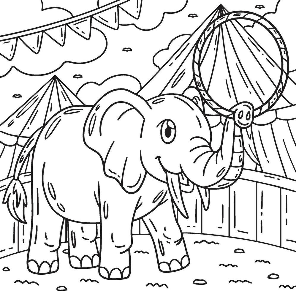 cirque l'éléphant avec hula cerceau coloration page vecteur