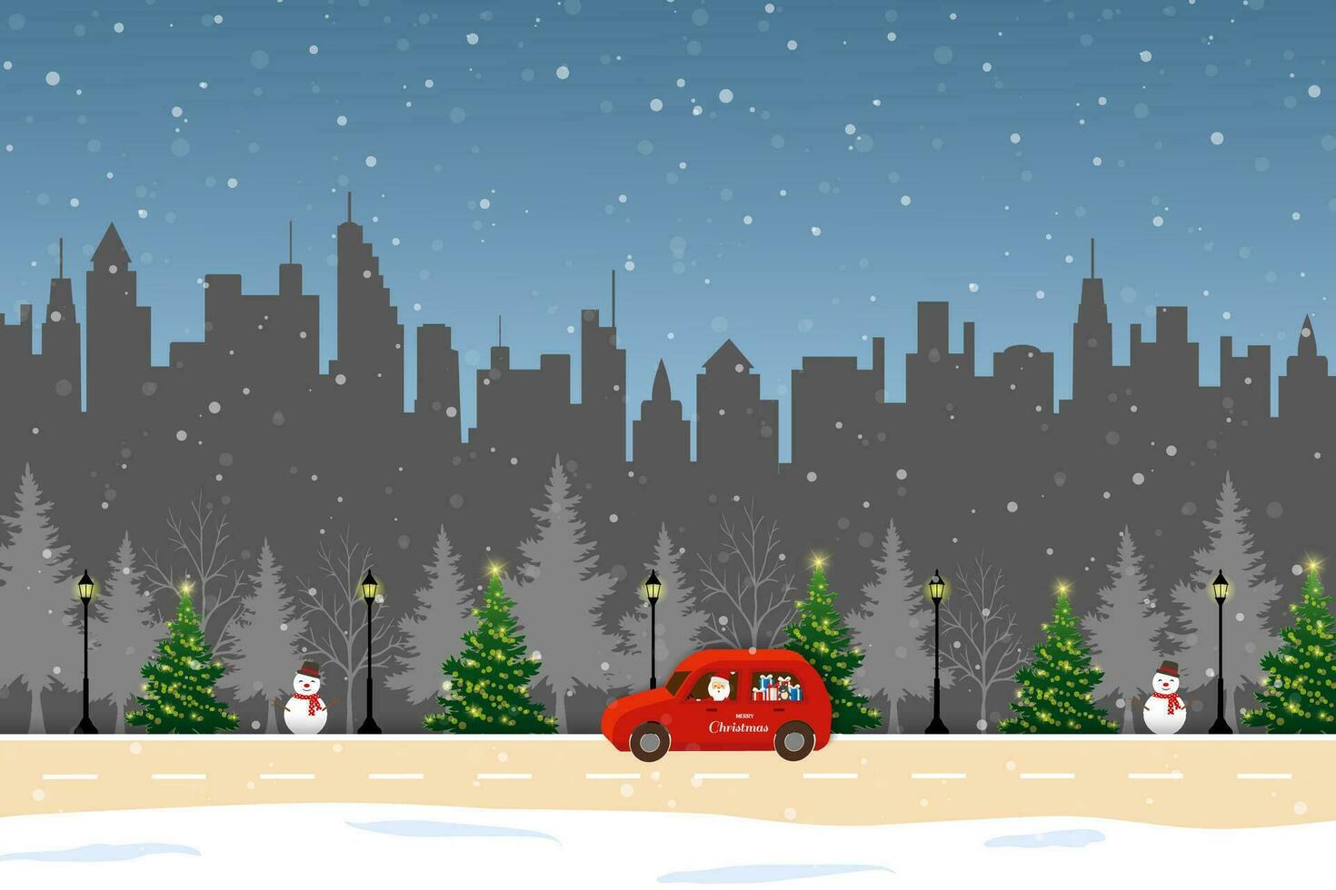 joyeux Noël et content Nouveau année salutation carte, hiver paysage avec Père Noël claus conduite une rouge voiture et livrer cadeau des boites à le ville vecteur