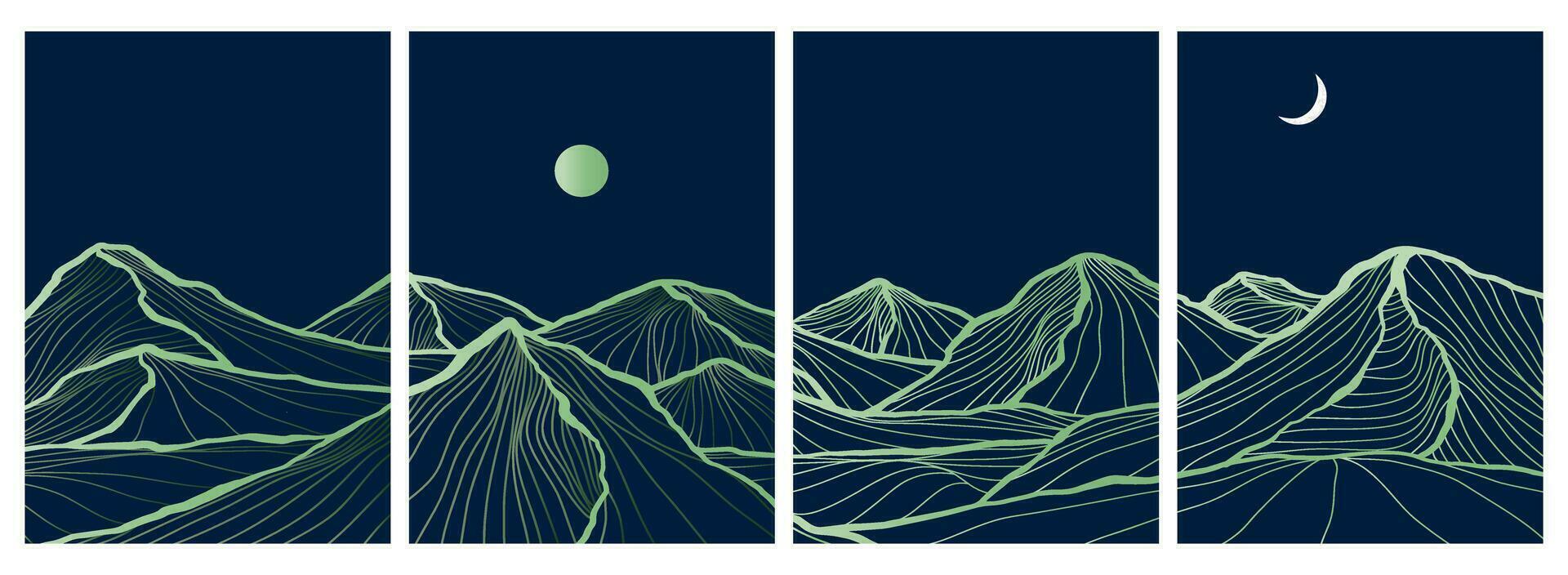 ensemble d'impressions d'art en ligne modernes et minimalistes créatives. paysages abstraits d'arrière-plans esthétiques contemporains de montagne. avec montagne, lune, mer, ligne d'horizon, vague. illustrations vectorielles vecteur