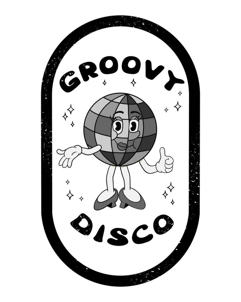 grunge imprimer avec dessin animé disco Balle personnage. sensationnel main tiré femelle vieux dessin animé personnage et slogan sensationnel disco dans Cadre avec rayures. hippie noir et blanc composition, impression étiquette vecteur