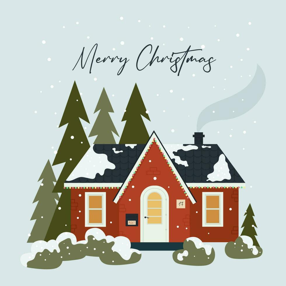 Noël carte avec scandinave maison. le carte est génial pour social médias des postes, cartes, dépliants, dépliants, et La publicité affiche modèles. vecteur illustration.