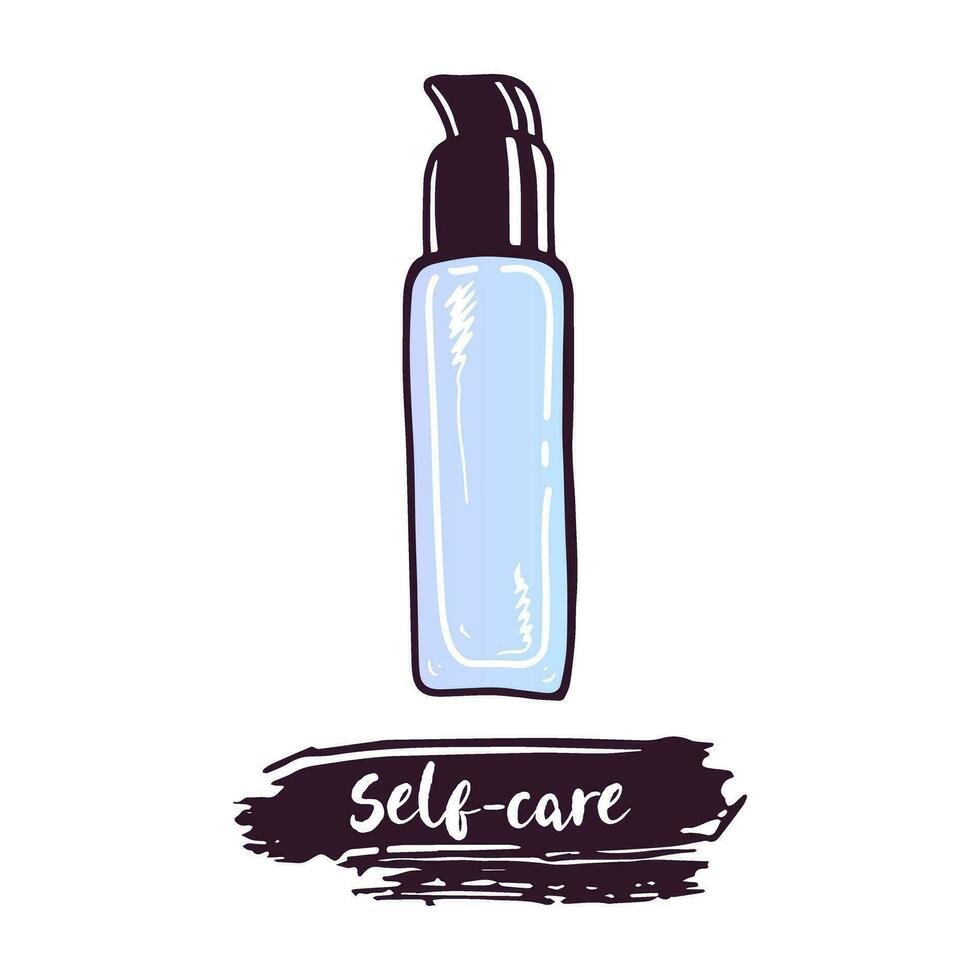 dessiné à la main bouteille de crème avec distributeur, beauté cosmétique élément, soi se soucier. illustration pour beauté salon, cosmétique magasin, maquillage conception. griffonnage esquisser style. vecteur