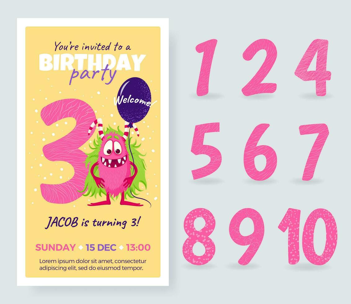 content anniversaire carte avec mignonne dessin animé monstre, nombre et ballon. anniversaire anniversaire Nombres de 1 à dix pour différent âge. anniversaire fête invitation carte, isolé modèle pour enfants. vecteur. vecteur