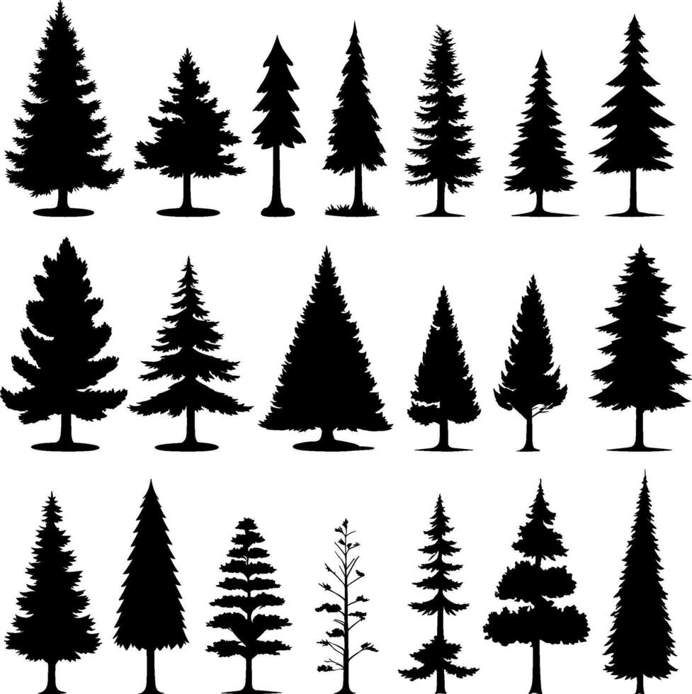 pin des arbres silhouettes. à feuilles persistantes conifère forêt silhouette, la nature épicéa arbre parc vue vecteur illustration. des bois des arbres ensemble isolé blanc Contexte