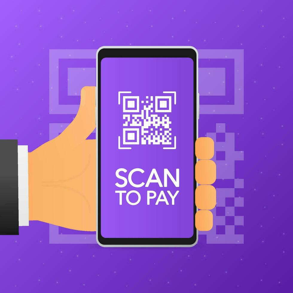 main détient téléphone avec analyse qr code à Payer sur filtrer. téléphone sur violet Contexte. vecteur illustration.