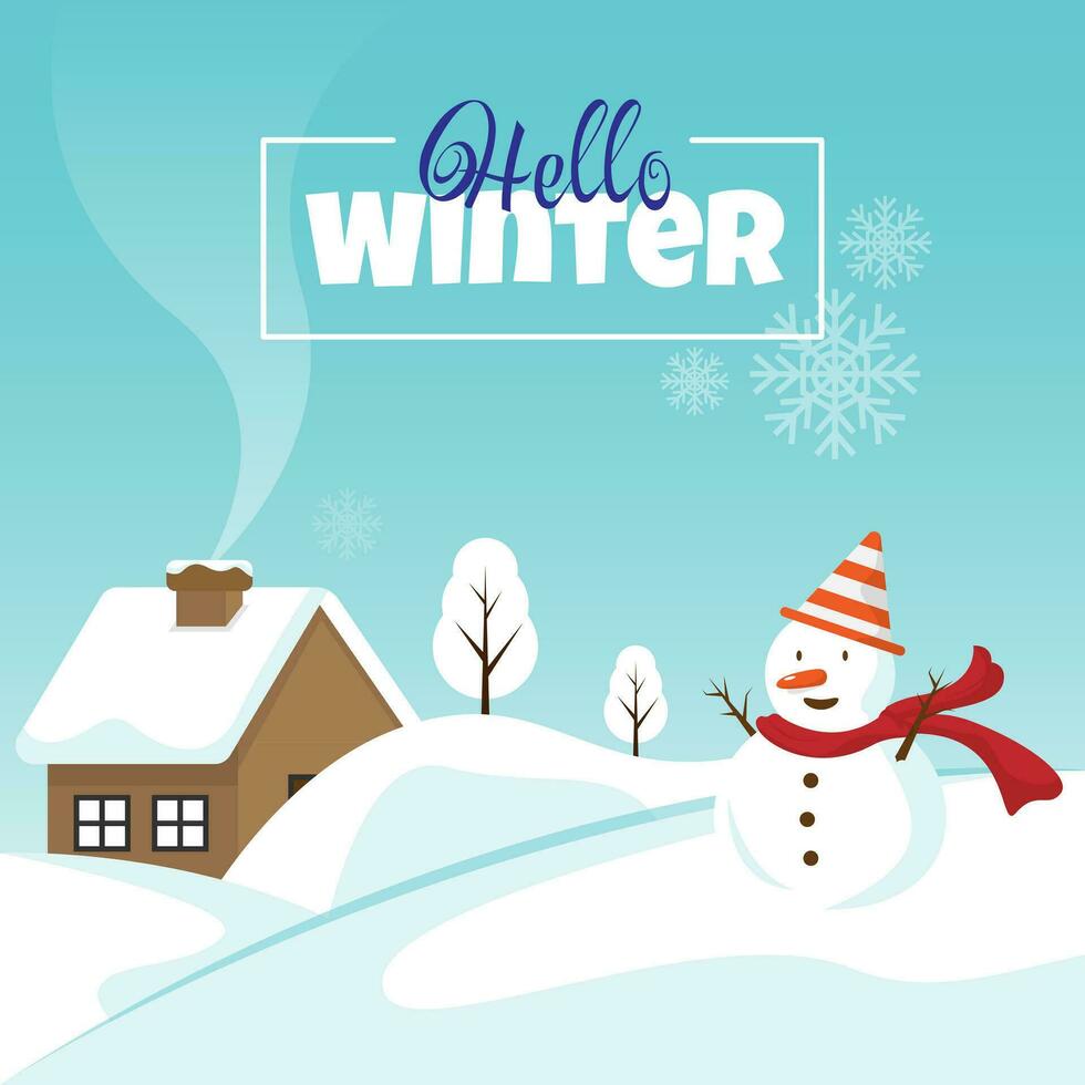 Bonjour hiver affiche avec bonhomme de neige et maison vecteur