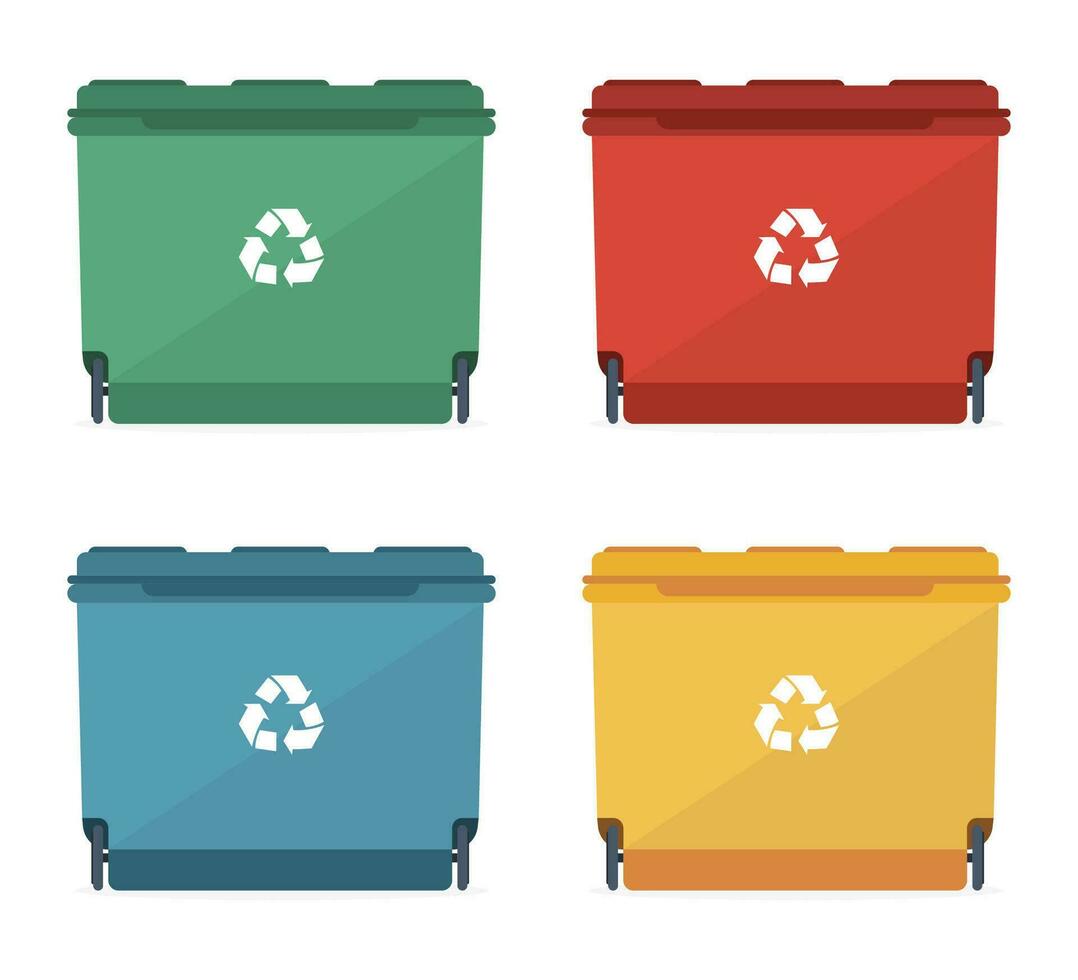 déchets bacs de différent tailles et différent couleurs avec une recyclage signe. vecteur illustration.