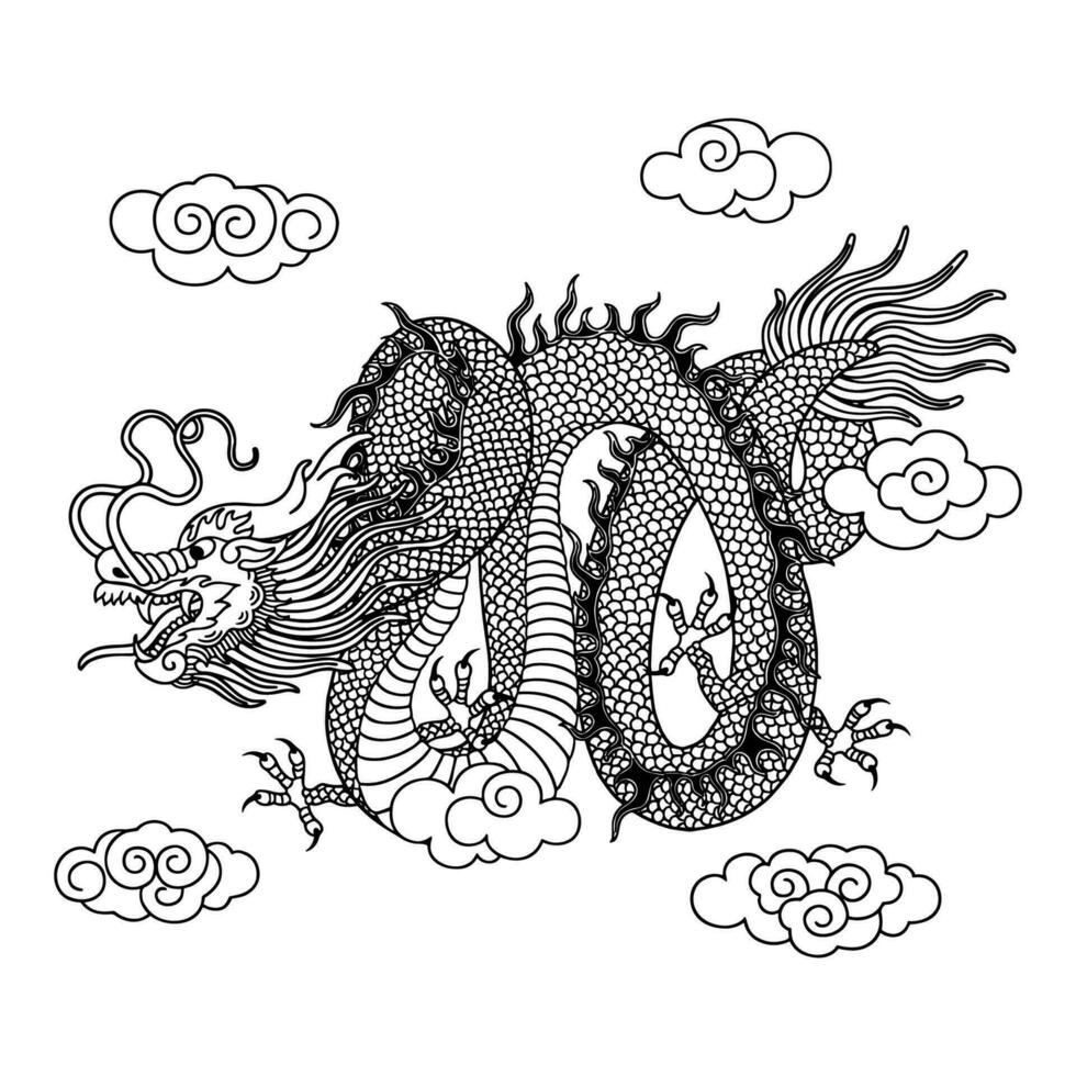 main tiré chinois dragon ligne art illustration vecteur