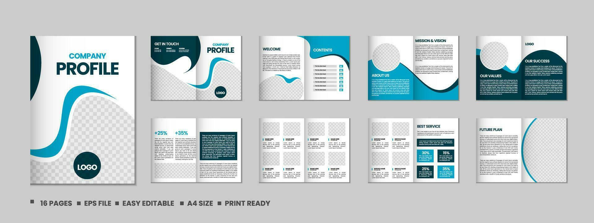 entreprise profil, plusieurs pages prospectus brochure, 16 pages portefeuille magazine, annuel rapport, catalogue et a4 plusieurs pages modèle conception vecteur